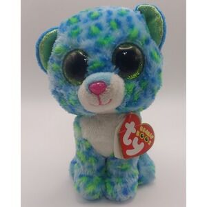 Ty Beanie Boos Leona Cat Plush Stuffed Animal Toy Blue Green Glitter Eyes Retire